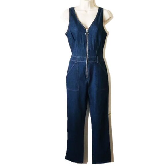 7FAM Denim Zip-Up Cropped Jumpsuit M Dark Wash Stretch Sleeveless - Picture 3 of 12